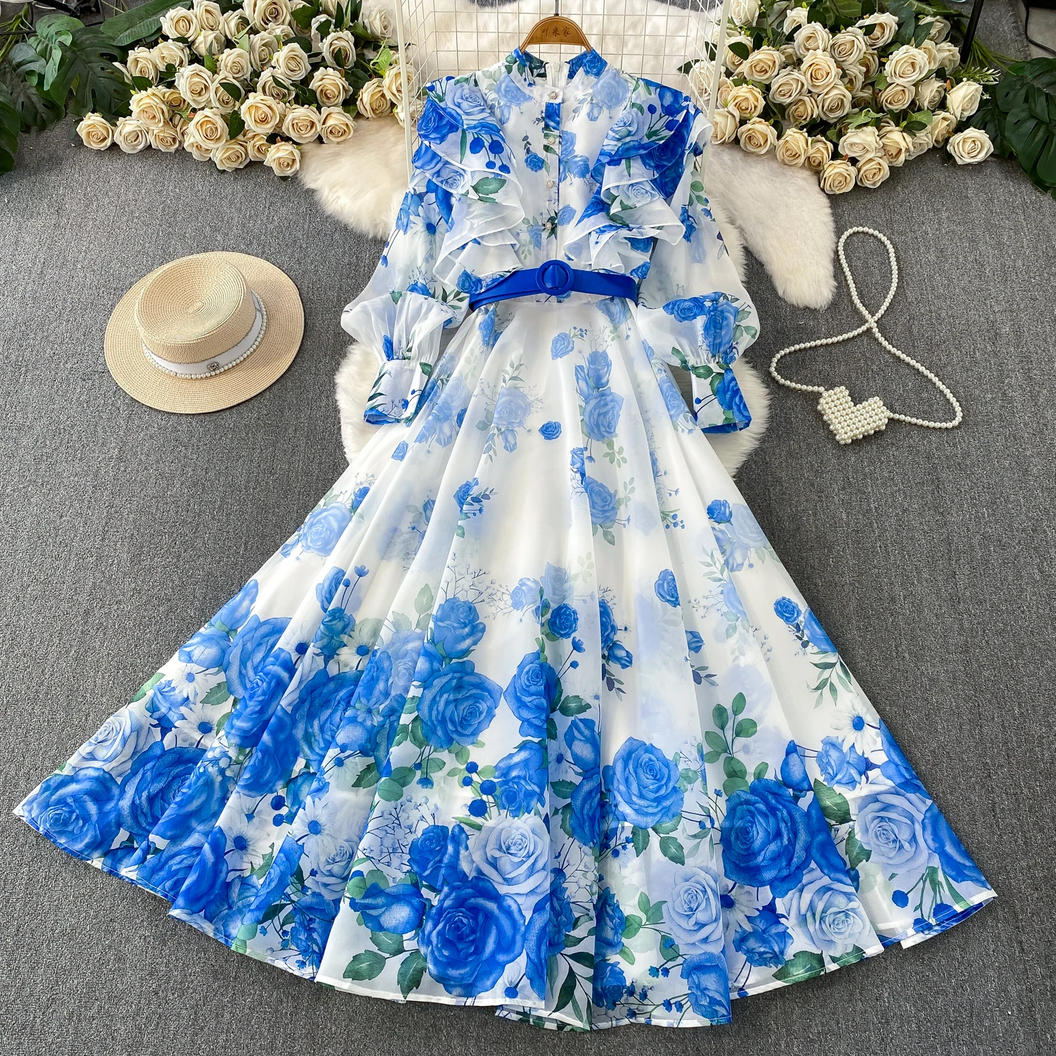 Fashion Elegant Stand Collar Long Lantern Sleeve Big Swing Robe Single Breasted Belt Slim Waist Print Dress Chic Summer Vestido