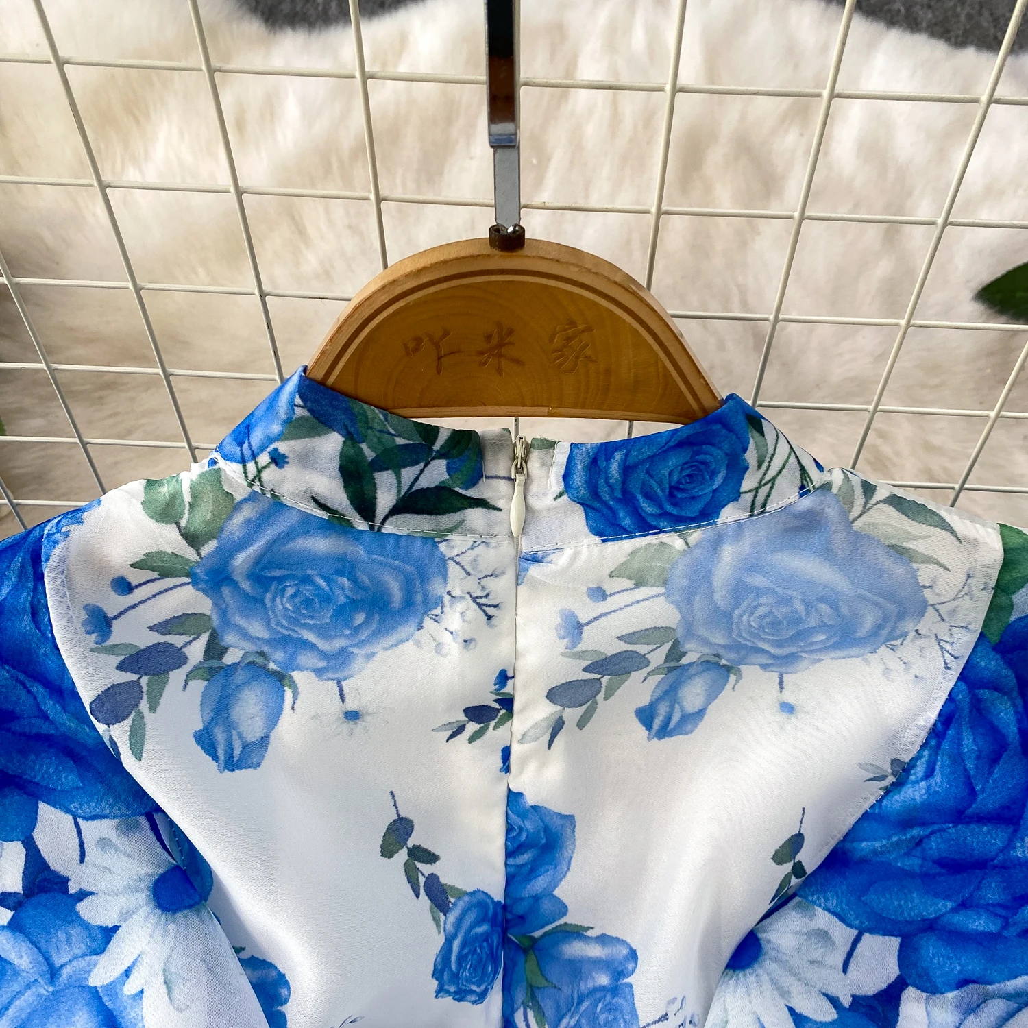 Fashion Elegant Stand Collar Long Lantern Sleeve Big Swing Robe Single Breasted Belt Slim Waist Print Dress Chic Summer Vestido