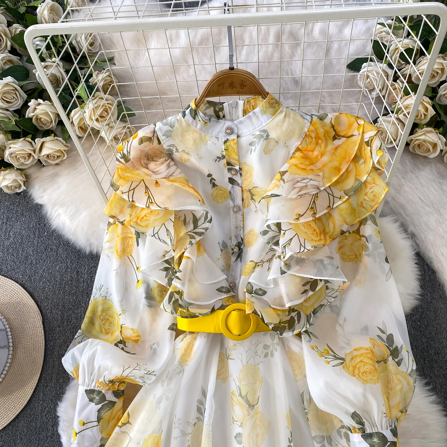 Fashion Elegant Stand Collar Long Lantern Sleeve Big Swing Robe Single Breasted Belt Slim Waist Print Dress Chic Summer Vestido
