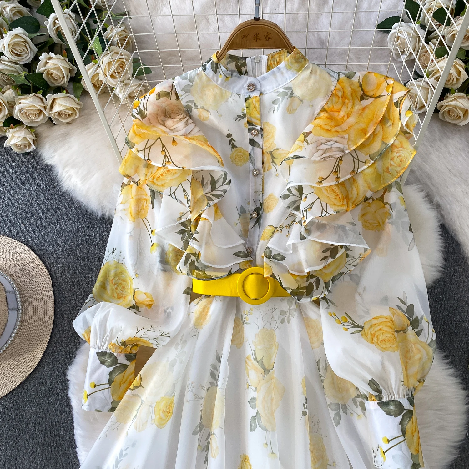 Fashion Elegant Stand Collar Long Lantern Sleeve Big Swing Robe Single Breasted Belt Slim Waist Print Dress Chic Summer Vestido
