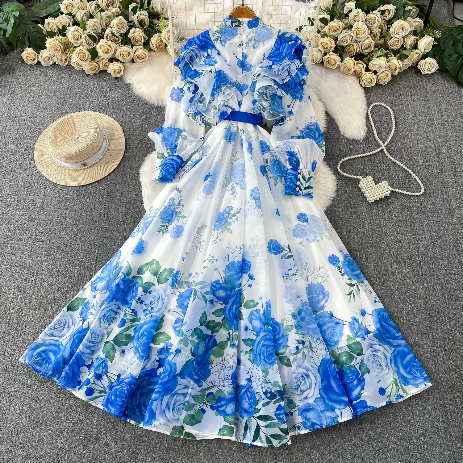 Fashion Elegant Stand Collar Long Lantern Sleeve Big Swing Robe Single Breasted Belt Slim Waist Print Dress Chic Summer Vestido