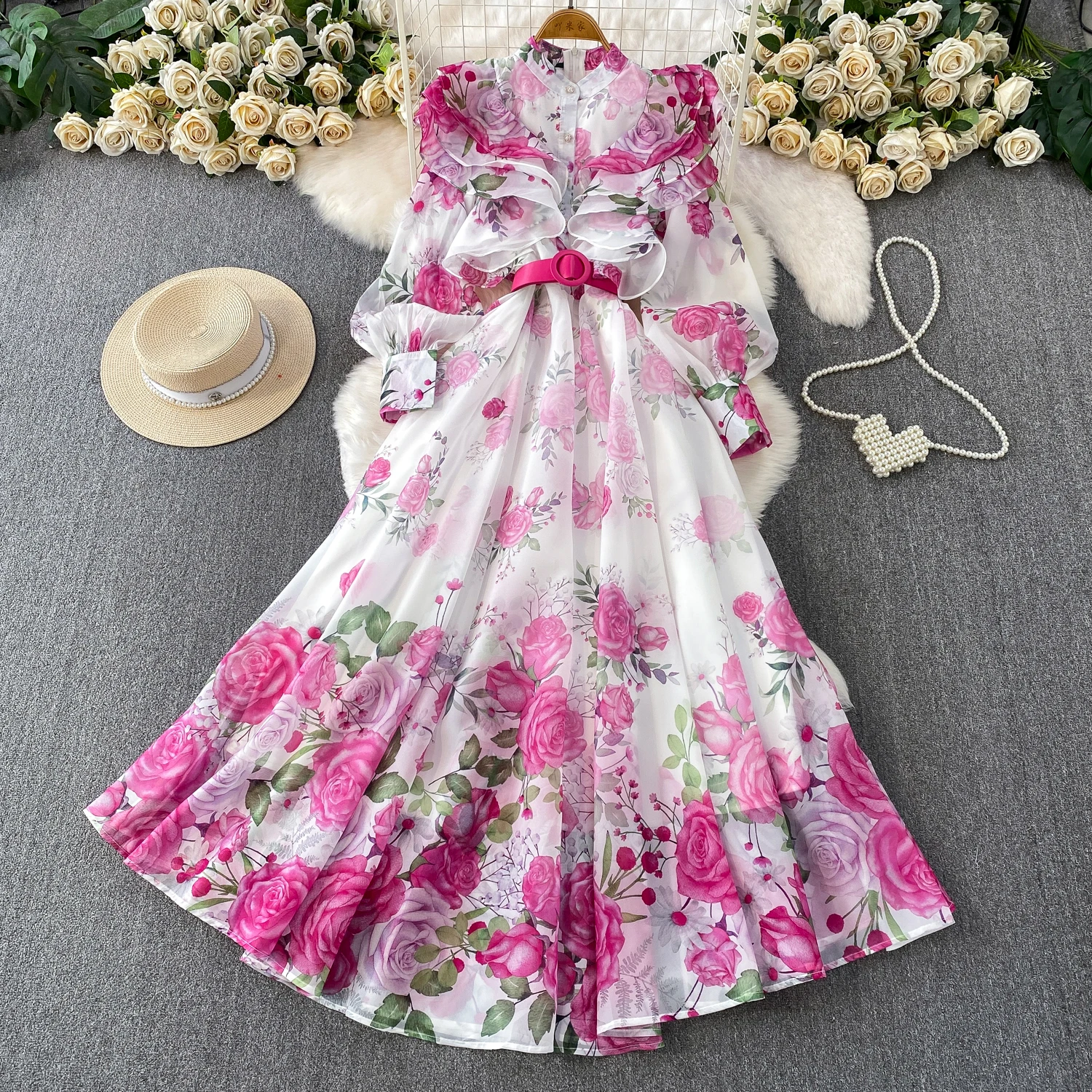 Fashion Elegant Stand Collar Long Lantern Sleeve Big Swing Robe Single Breasted Belt Slim Waist Print Dress Chic Summer Vestido