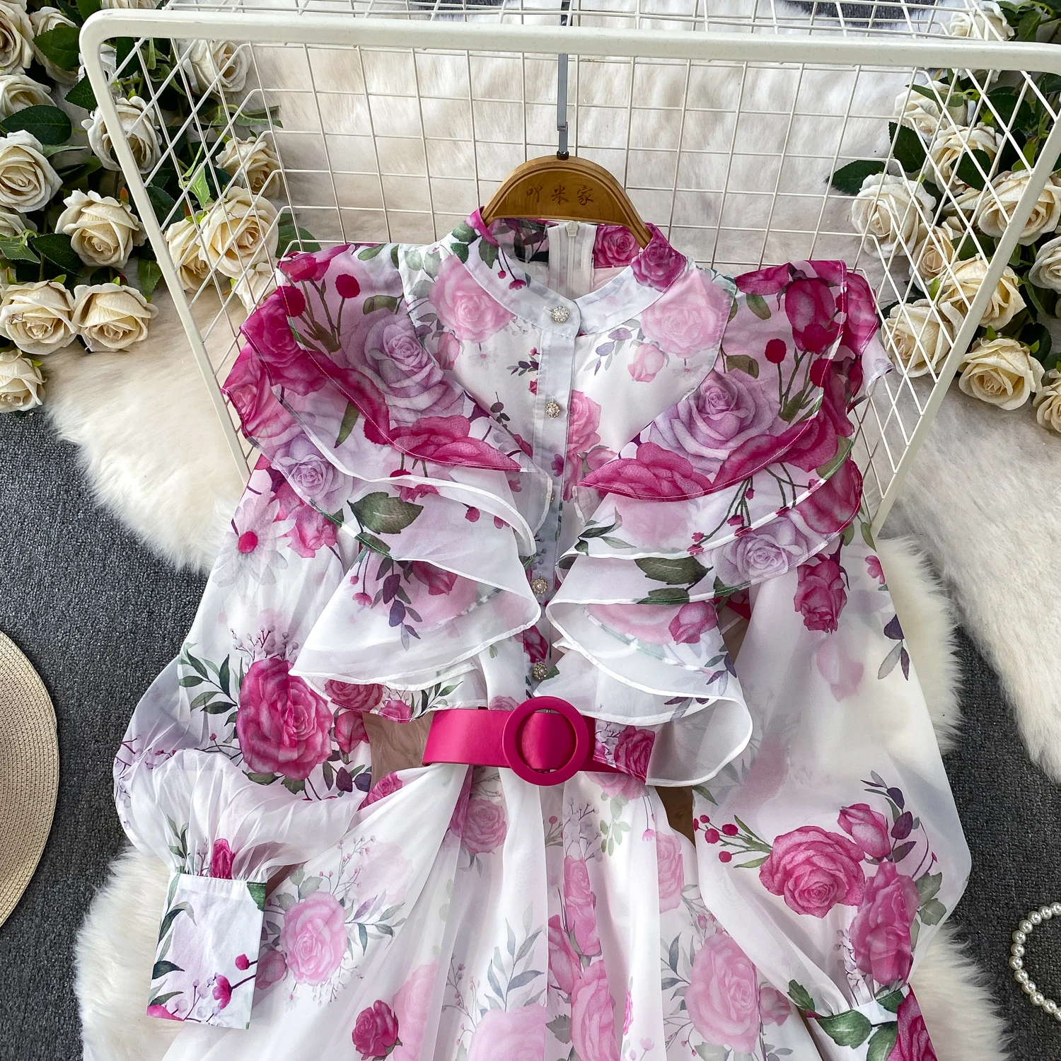 Fashion Elegant Stand Collar Long Lantern Sleeve Big Swing Robe Single Breasted Belt Slim Waist Print Dress Chic Summer Vestido