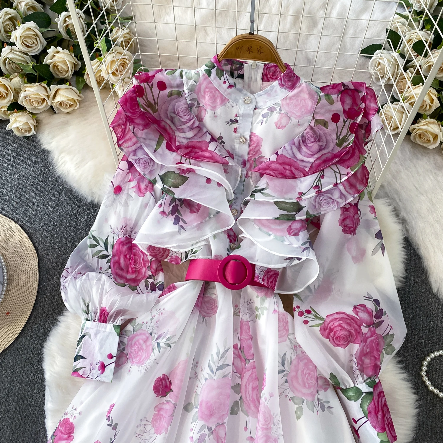 Fashion Elegant Stand Collar Long Lantern Sleeve Big Swing Robe Single Breasted Belt Slim Waist Print Dress Chic Summer Vestido