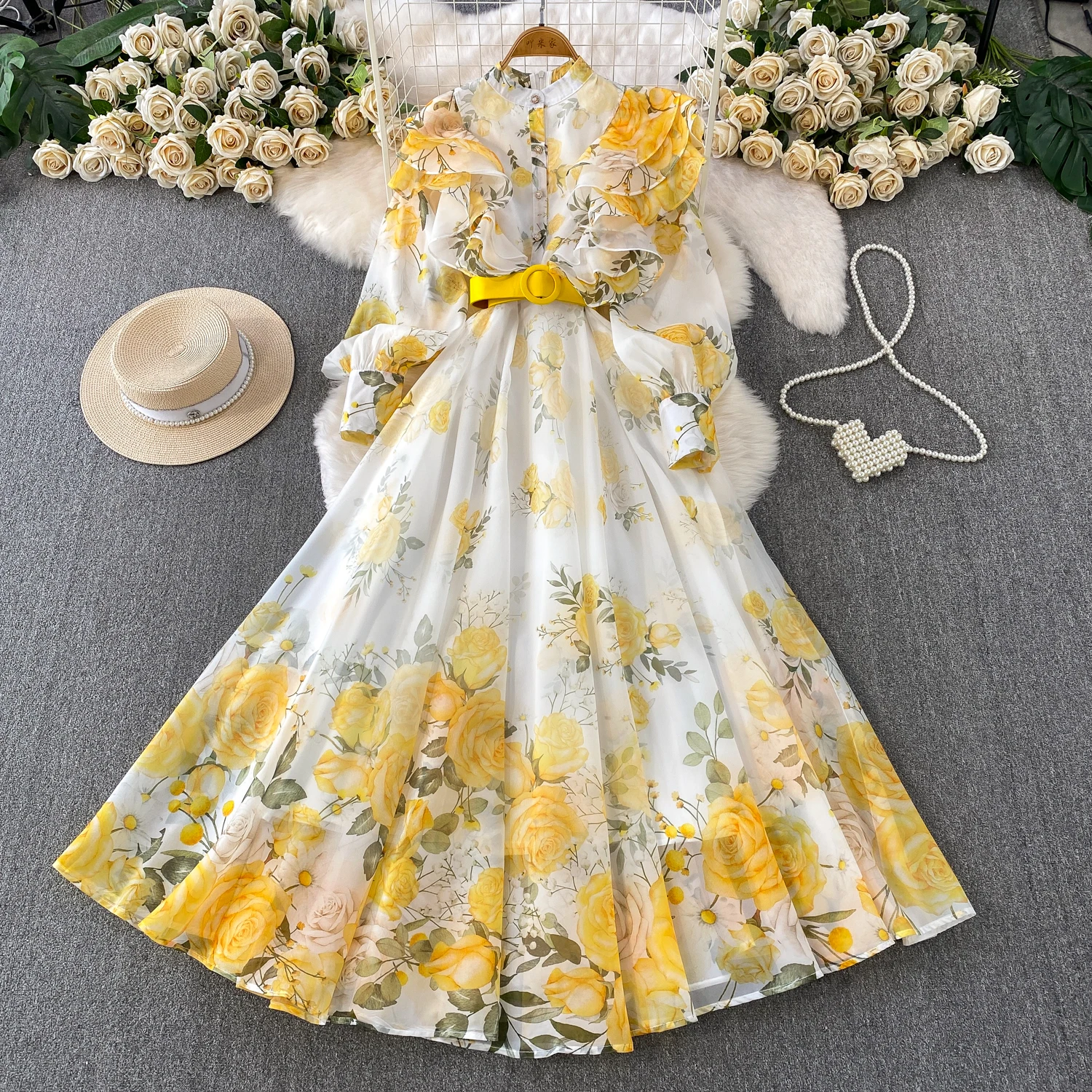 Fashion Elegant Stand Collar Long Lantern Sleeve Big Swing Robe Single Breasted Belt Slim Waist Print Dress Chic Summer Vestido
