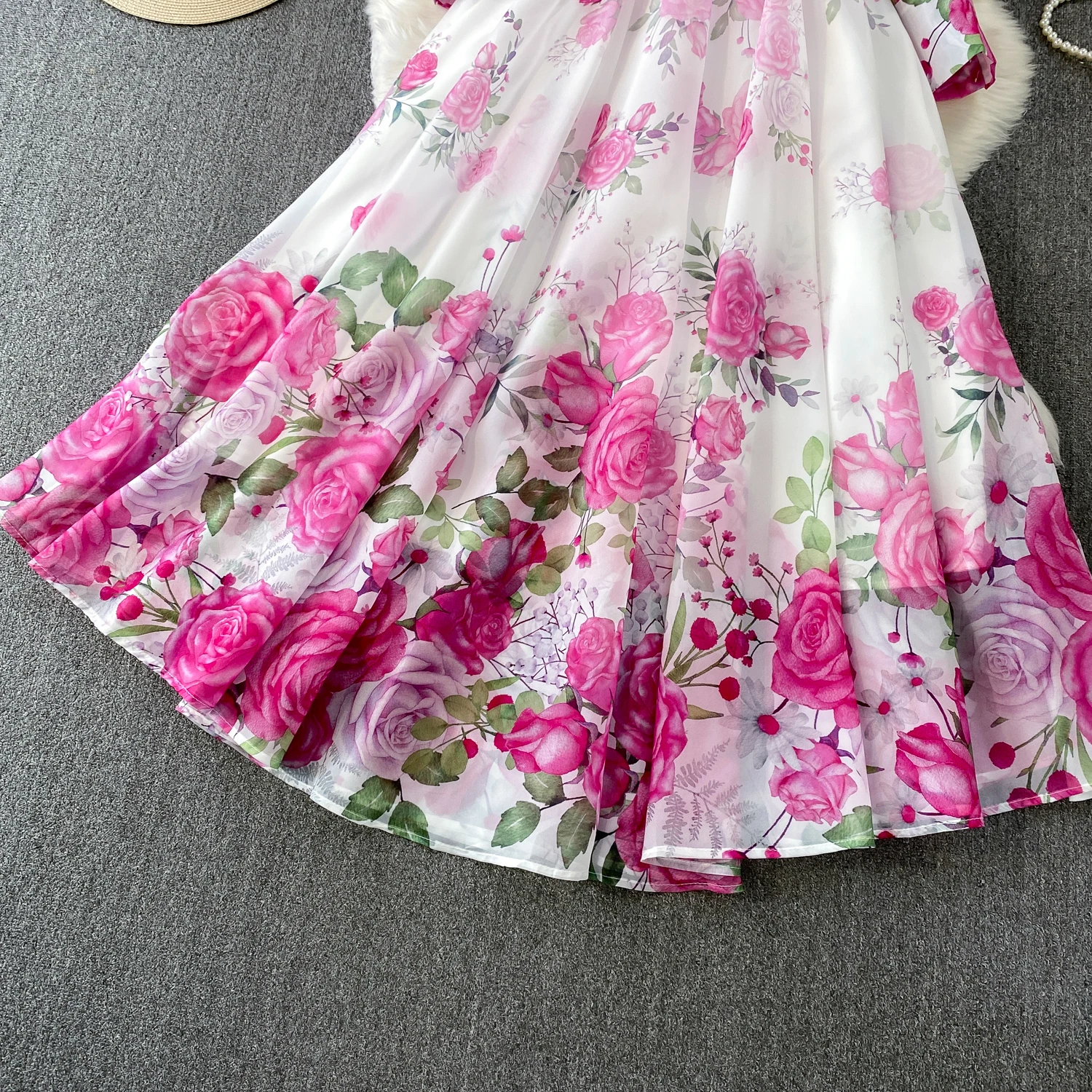 Fashion Elegant Stand Collar Long Lantern Sleeve Big Swing Robe Single Breasted Belt Slim Waist Print Dress Chic Summer Vestido