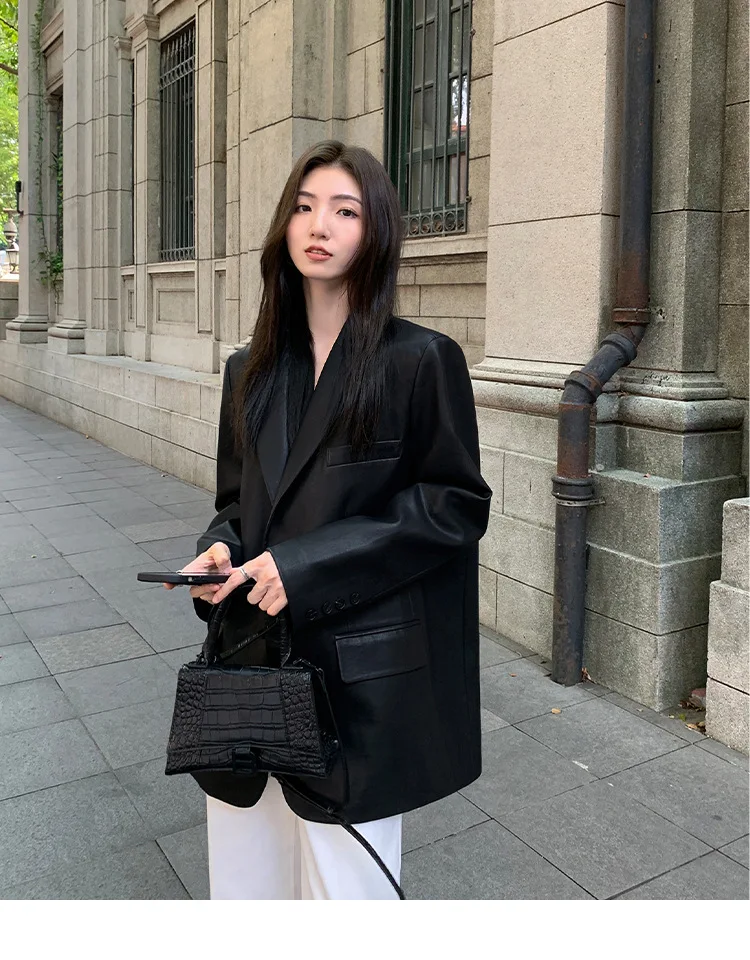Women's Fashion Blazer Style Leather Jacket Black PU Leather Coat Spring Autumn New Loose Elegant High-end Blazer