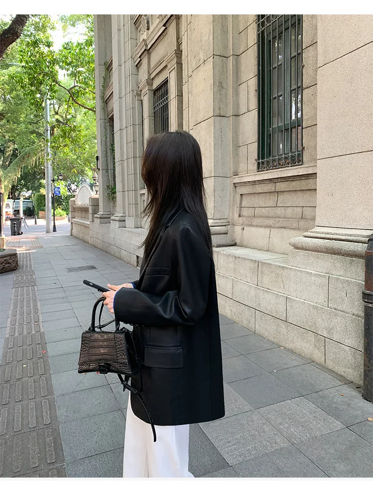 Women's Fashion Blazer Style Leather Jacket Black PU Leather Coat Spring Autumn New Loose Elegant High-end Blazer