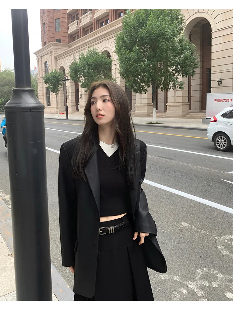 Women's Fashion Blazer Style Leather Jacket Black PU Leather Coat Spring Autumn New Loose Elegant High-end Blazer