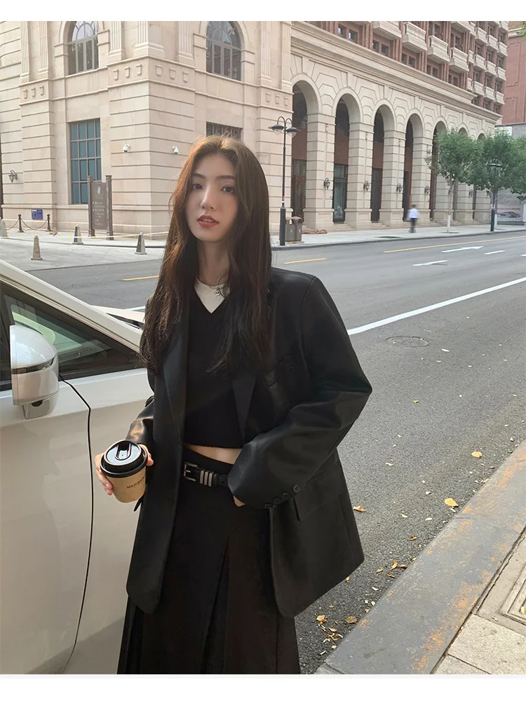 Women's Fashion Blazer Style Leather Jacket Black PU Leather Coat Spring Autumn New Loose Elegant High-end Blazer