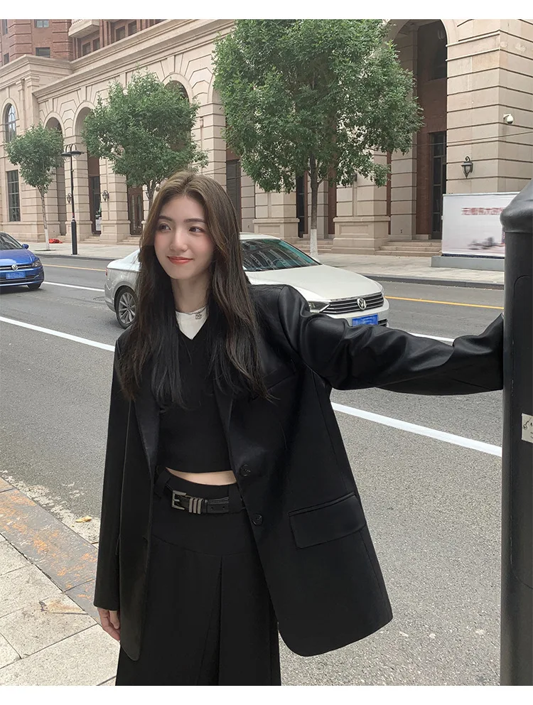 Women's Fashion Blazer Style Leather Jacket Black PU Leather Coat Spring Autumn New Loose Elegant High-end Blazer