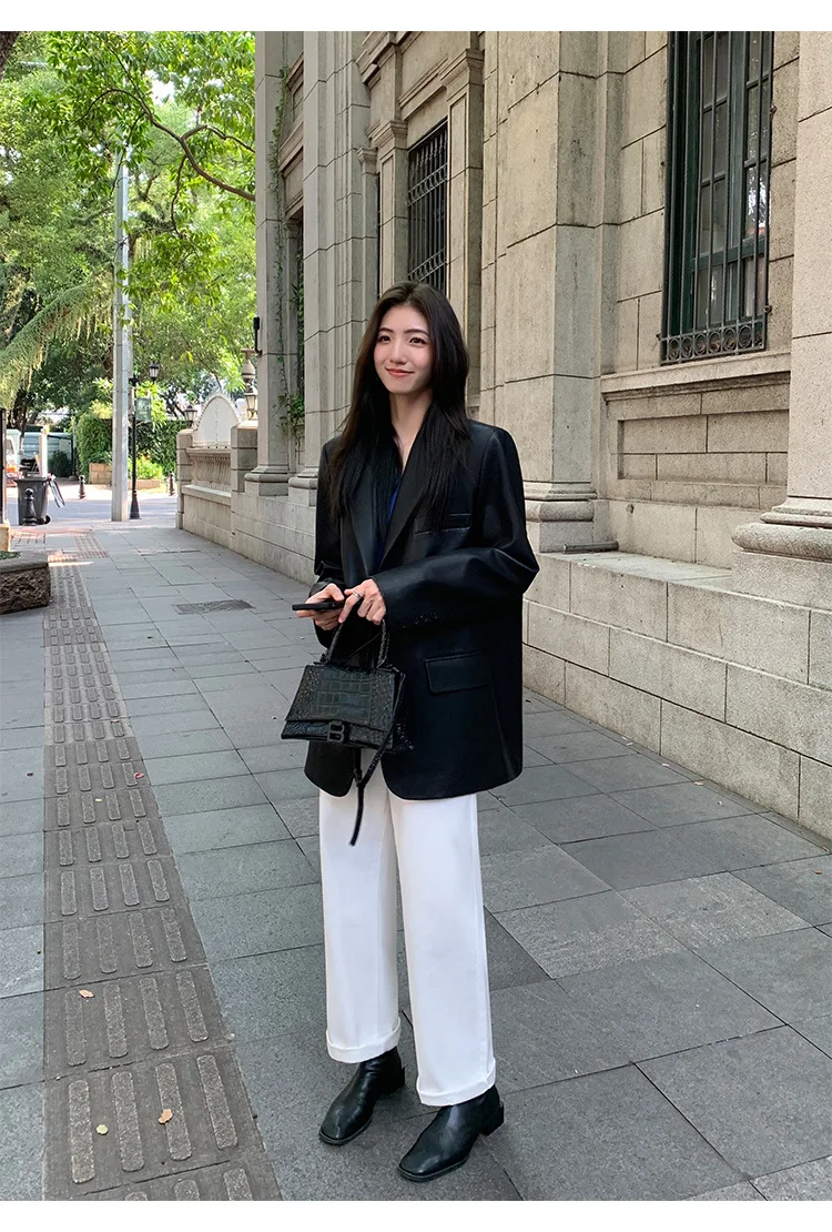 Women's Fashion Blazer Style Leather Jacket Black PU Leather Coat Spring Autumn New Loose Elegant High-end Blazer