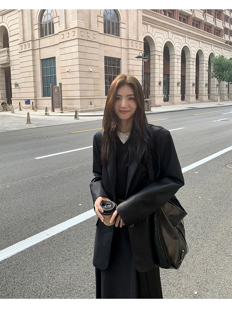 Women's Fashion Blazer Style Leather Jacket Black PU Leather Coat Spring Autumn New Loose Elegant High-end Blazer