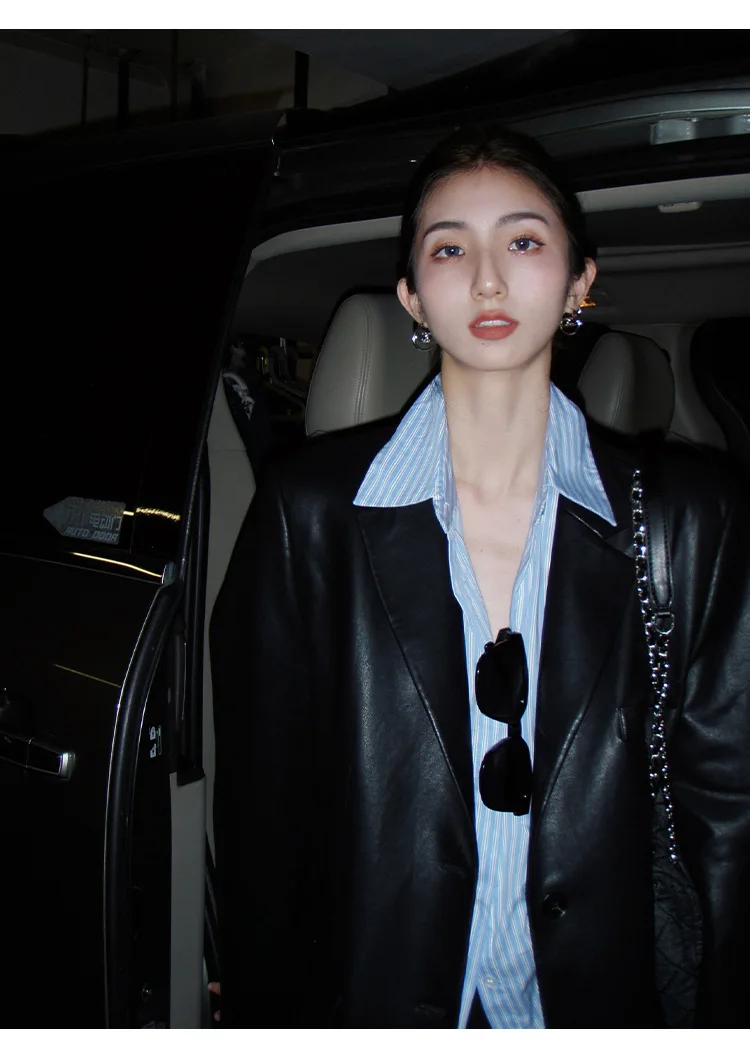 Women's Fashion Blazer Style Leather Jacket Black PU Leather Coat Spring Autumn New Loose Elegant High-end Blazer