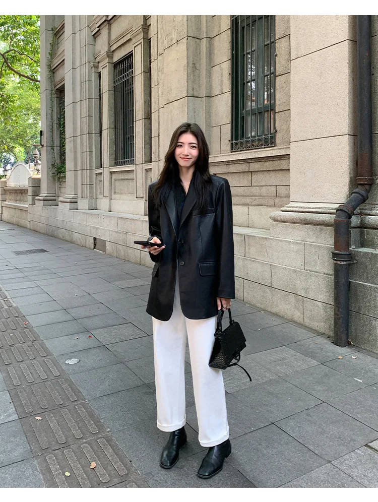 Women's Fashion Blazer Style Leather Jacket Black PU Leather Coat Spring Autumn New Loose Elegant High-end Blazer