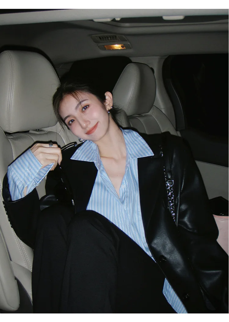 Women's Fashion Blazer Style Leather Jacket Black PU Leather Coat Spring Autumn New Loose Elegant High-end Blazer
