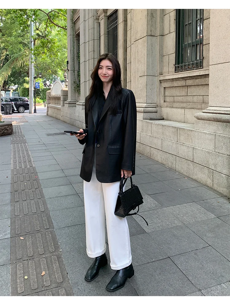Women's Fashion Blazer Style Leather Jacket Black PU Leather Coat Spring Autumn New Loose Elegant High-end Blazer