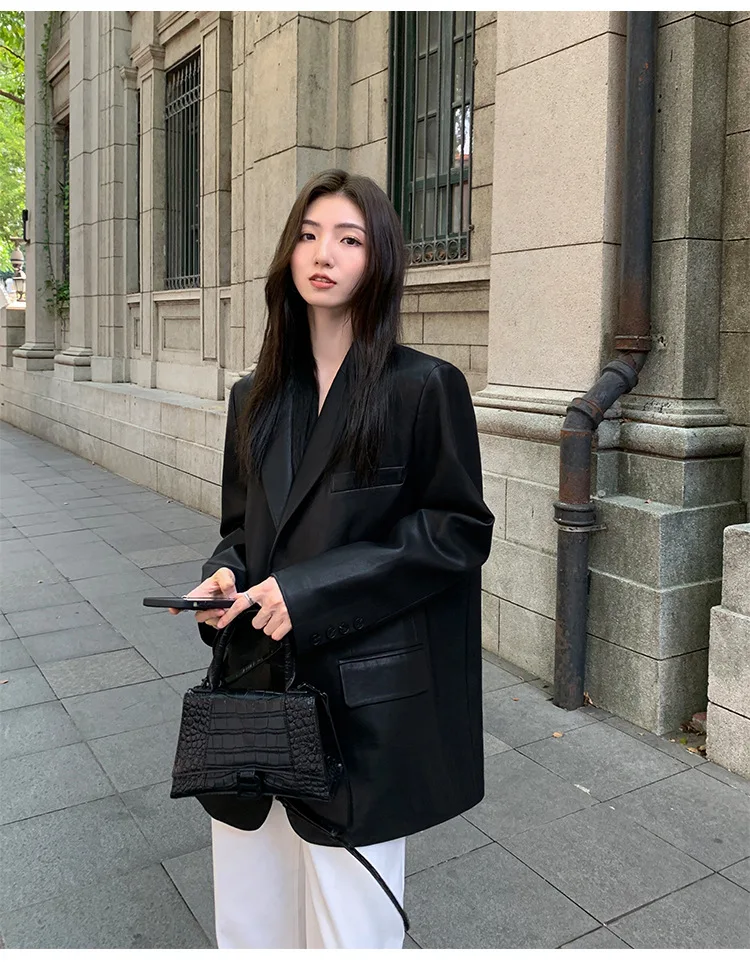 Women's Fashion Blazer Style Leather Jacket Black PU Leather Coat Spring Autumn New Loose Elegant High-end Blazer