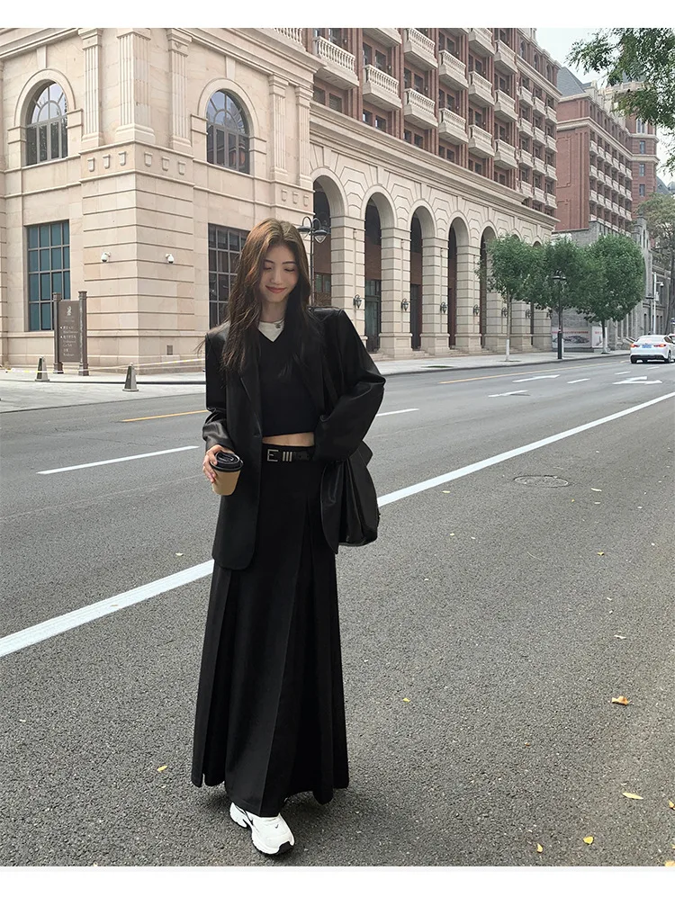 Women's Fashion Blazer Style Leather Jacket Black PU Leather Coat Spring Autumn New Loose Elegant High-end Blazer