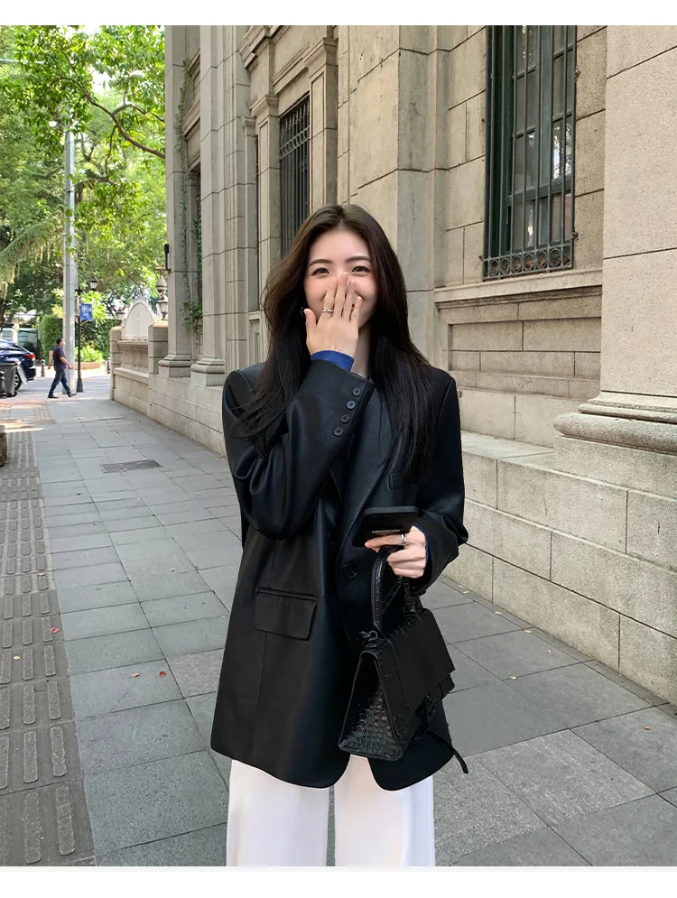 Women's Fashion Blazer Style Leather Jacket Black PU Leather Coat Spring Autumn New Loose Elegant High-end Blazer