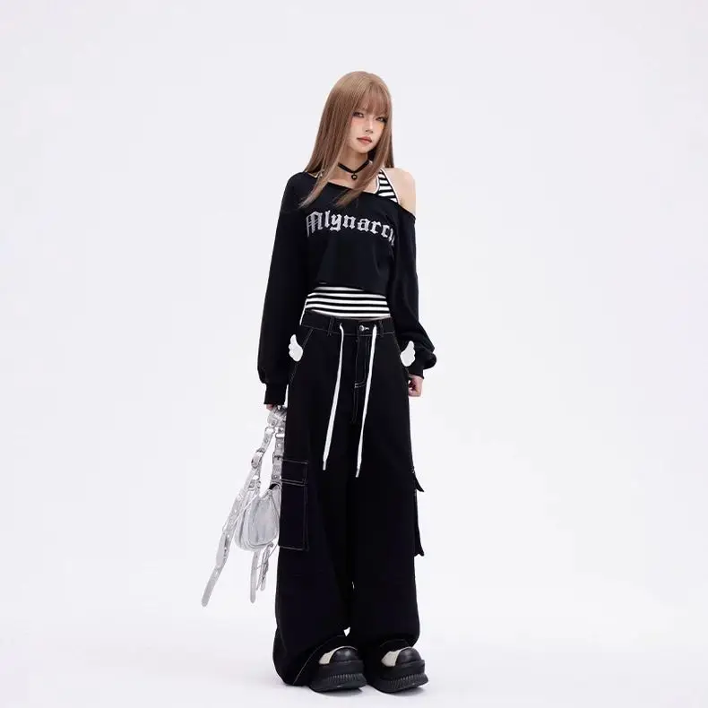 Kimotimo Black Sports 2 Piece Sets Y2k Letter Off Shoulder Short Sweatshirts Halter Bandage Striped Vest Retro Casual Streetwear