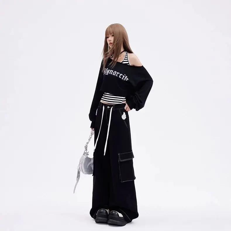 Kimotimo Black Sports 2 Piece Sets Y2k Letter Off Shoulder Short Sweatshirts Halter Bandage Striped Vest Retro Casual Streetwear