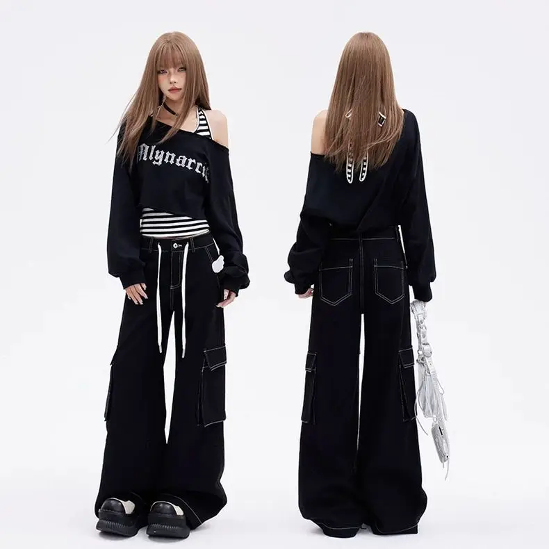 Kimotimo Black Sports 2 Piece Sets Y2k Letter Off Shoulder Short Sweatshirts Halter Bandage Striped Vest Retro Casual Streetwear