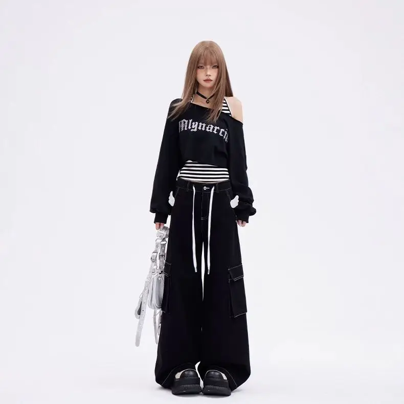 Kimotimo Black Sports 2 Piece Sets Y2k Letter Off Shoulder Short Sweatshirts Halter Bandage Striped Vest Retro Casual Streetwear