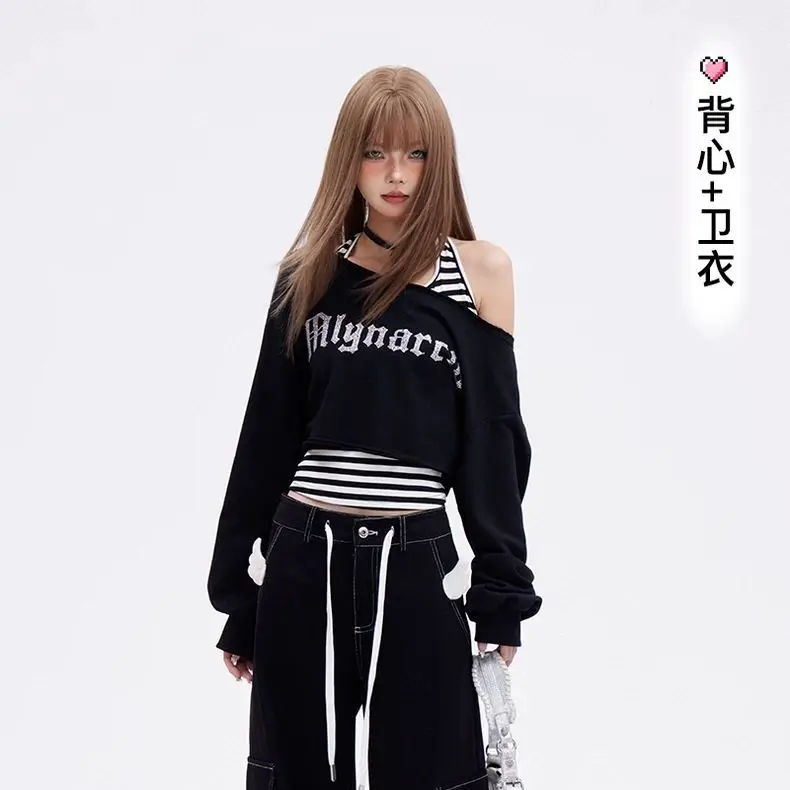 Kimotimo Black Sports 2 Piece Sets Y2k Letter Off Shoulder Short Sweatshirts Halter Bandage Striped Vest Retro Casual Streetwear