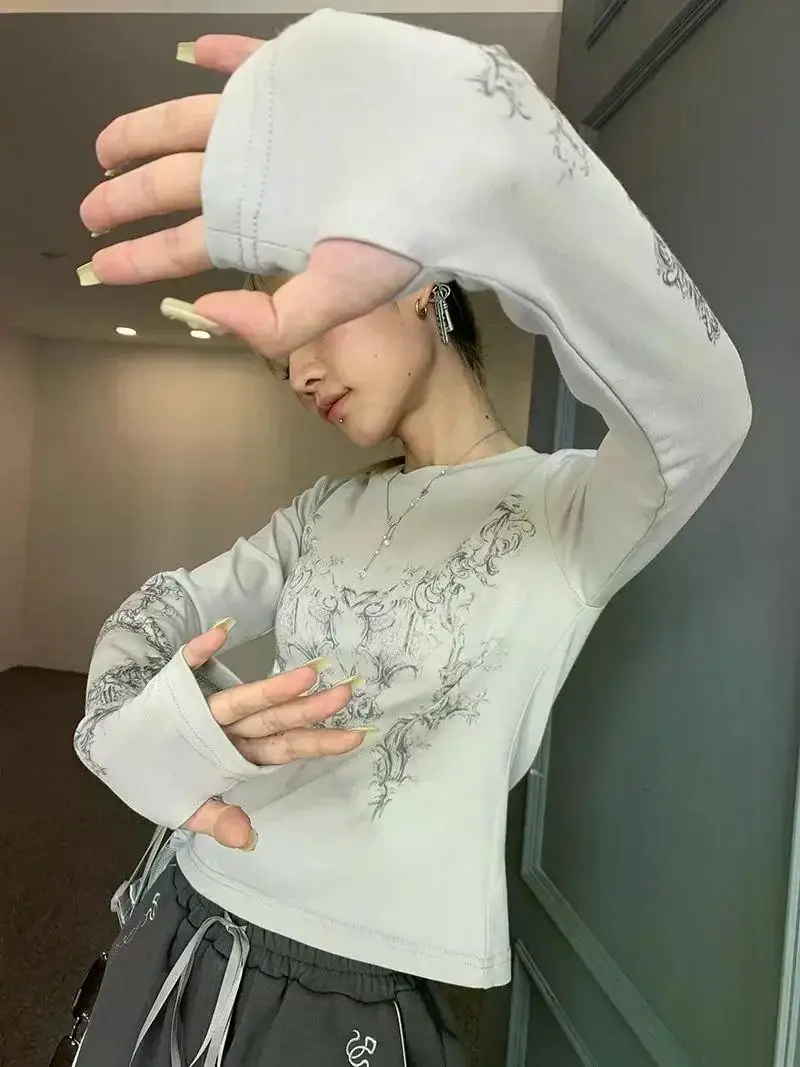 Vintage Women Clothes Y2K T-shirts 2023 Blusas O-neck Long Sleeve Print Tunic Woman Clothing Fashion Casual Crop Tops Shirts