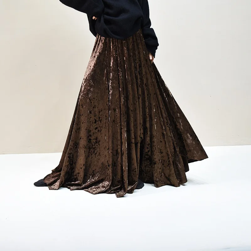 100% Real Photo High Quality Women Elegant Pleated A-Line Long Skirts High Waist Party Maxi Skirts Faldas Femme Streetwear