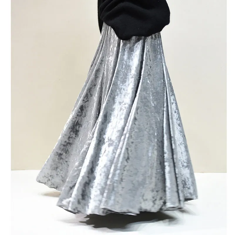 100% Real Photo High Quality Women Elegant Pleated A-Line Long Skirts High Waist Party Maxi Skirts Faldas Femme Streetwear