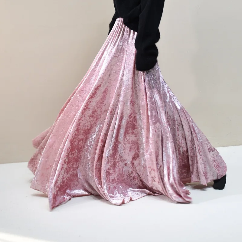 100% Real Photo High Quality Women Elegant Pleated A-Line Long Skirts High Waist Party Maxi Skirts Faldas Femme Streetwear