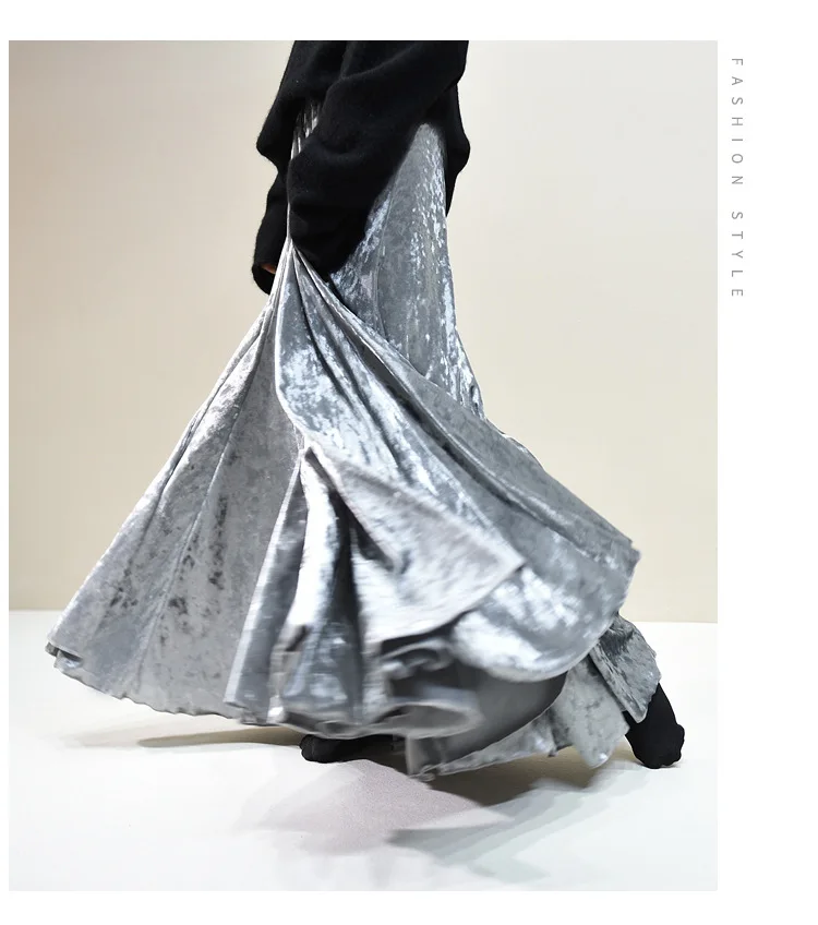 100% Real Photo High Quality Women Elegant Pleated A-Line Long Skirts High Waist Party Maxi Skirts Faldas Femme Streetwear