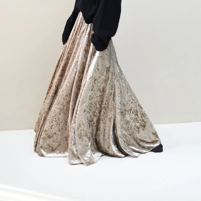 100% Real Photo High Quality Women Elegant Pleated A-Line Long Skirts High Waist Party Maxi Skirts Faldas Femme Streetwear