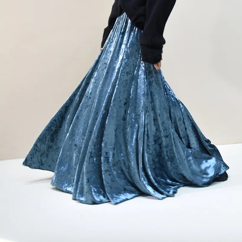 100% Real Photo High Quality Women Elegant Pleated A-Line Long Skirts High Waist Party Maxi Skirts Faldas Femme Streetwear