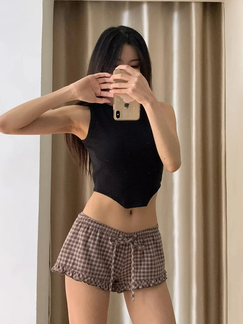 Women's Plaid Pajama Shorts With Adjustable Drawstring And Ruffles