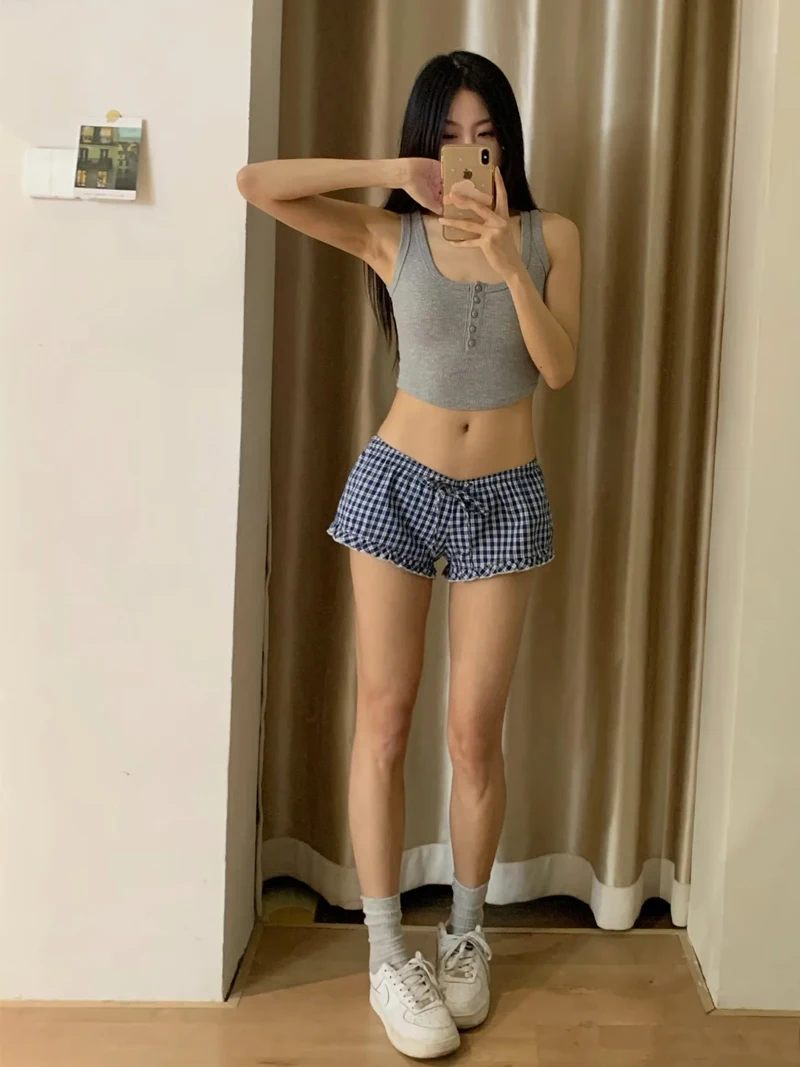 Women's Plaid Pajama Shorts With Adjustable Drawstring And Ruffles
