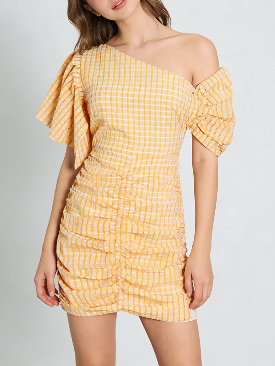 TWOTWINSTYLE Fashion Spliced Plaid Irregular Dresses for Women Diagonal Collar Short Sleeves Patchwork Shirring Dress Female New