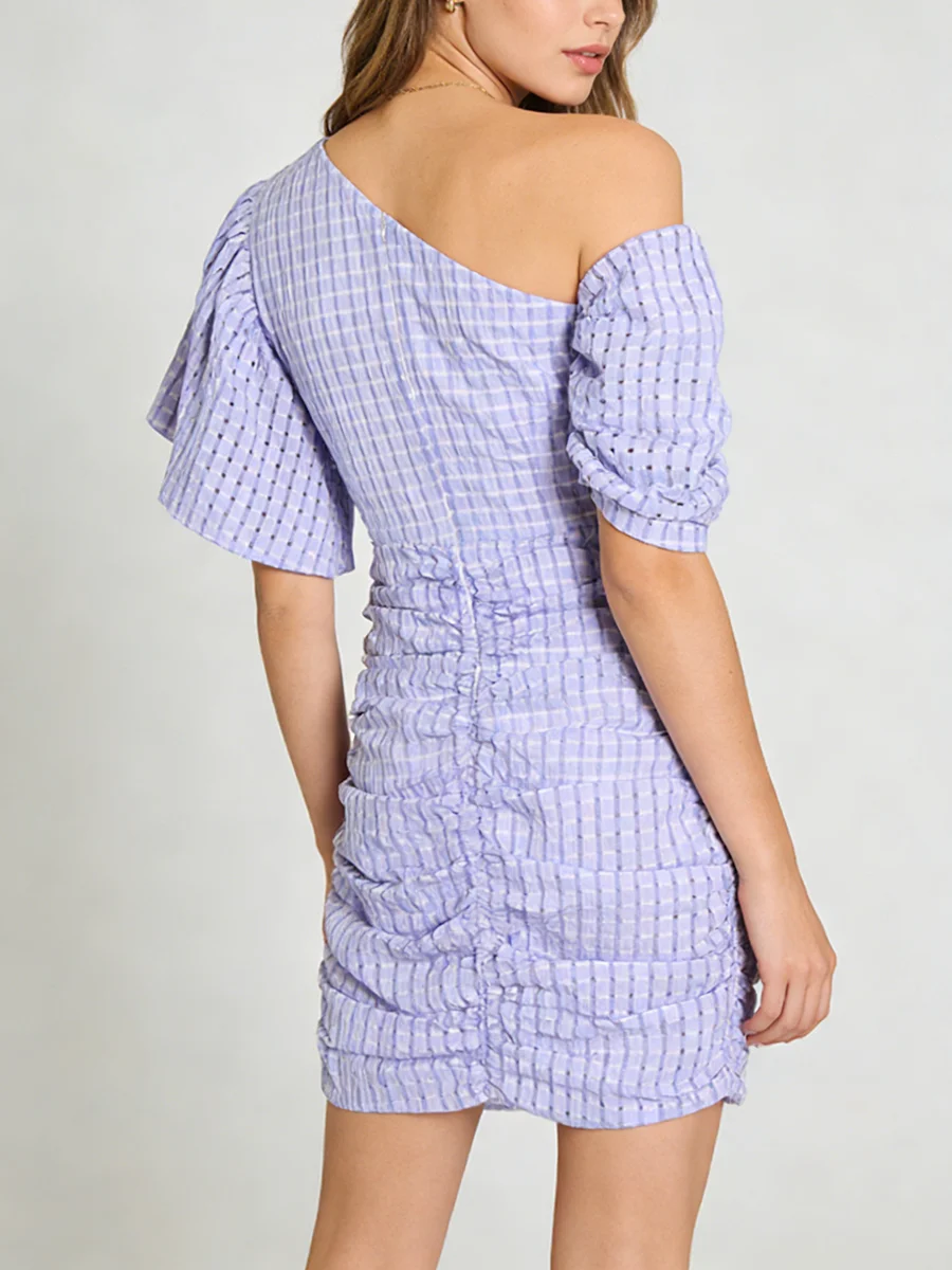 TWOTWINSTYLE Fashion Spliced Plaid Irregular Dresses for Women Diagonal Collar Short Sleeves Patchwork Shirring Dress Female New