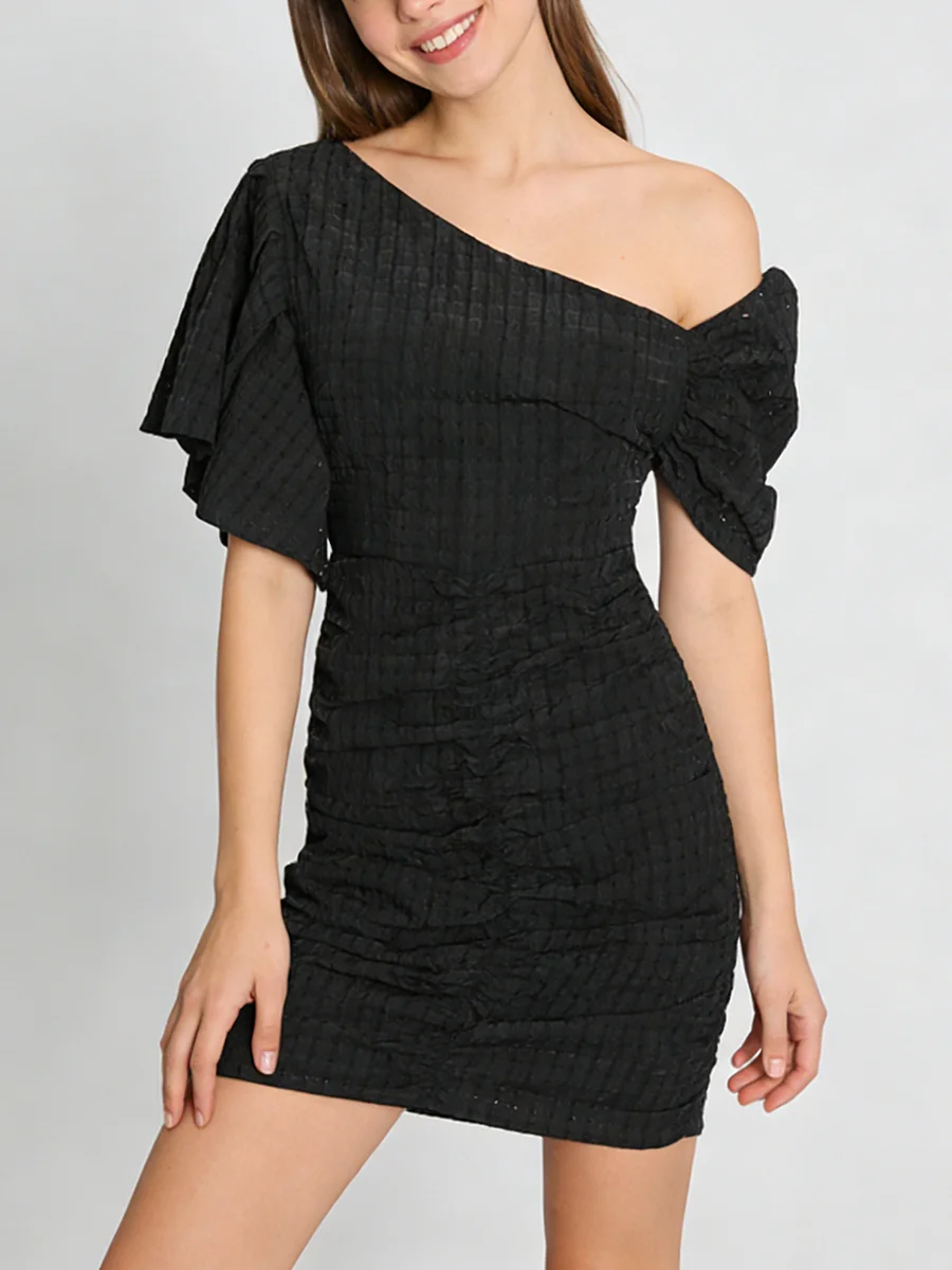 TWOTWINSTYLE Fashion Spliced Plaid Irregular Dresses for Women Diagonal Collar Short Sleeves Patchwork Shirring Dress Female New