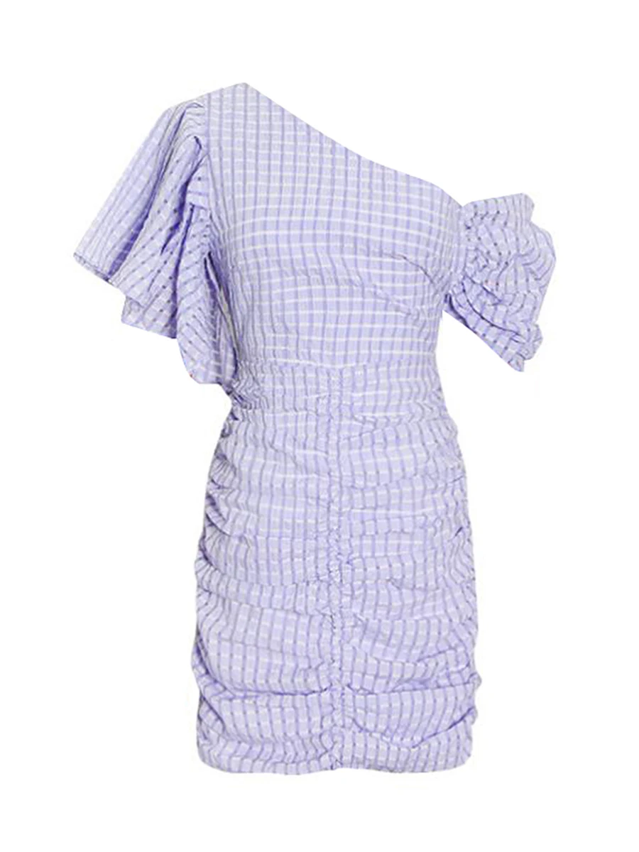TWOTWINSTYLE Fashion Spliced Plaid Irregular Dresses for Women Diagonal Collar Short Sleeves Patchwork Shirring Dress Female New