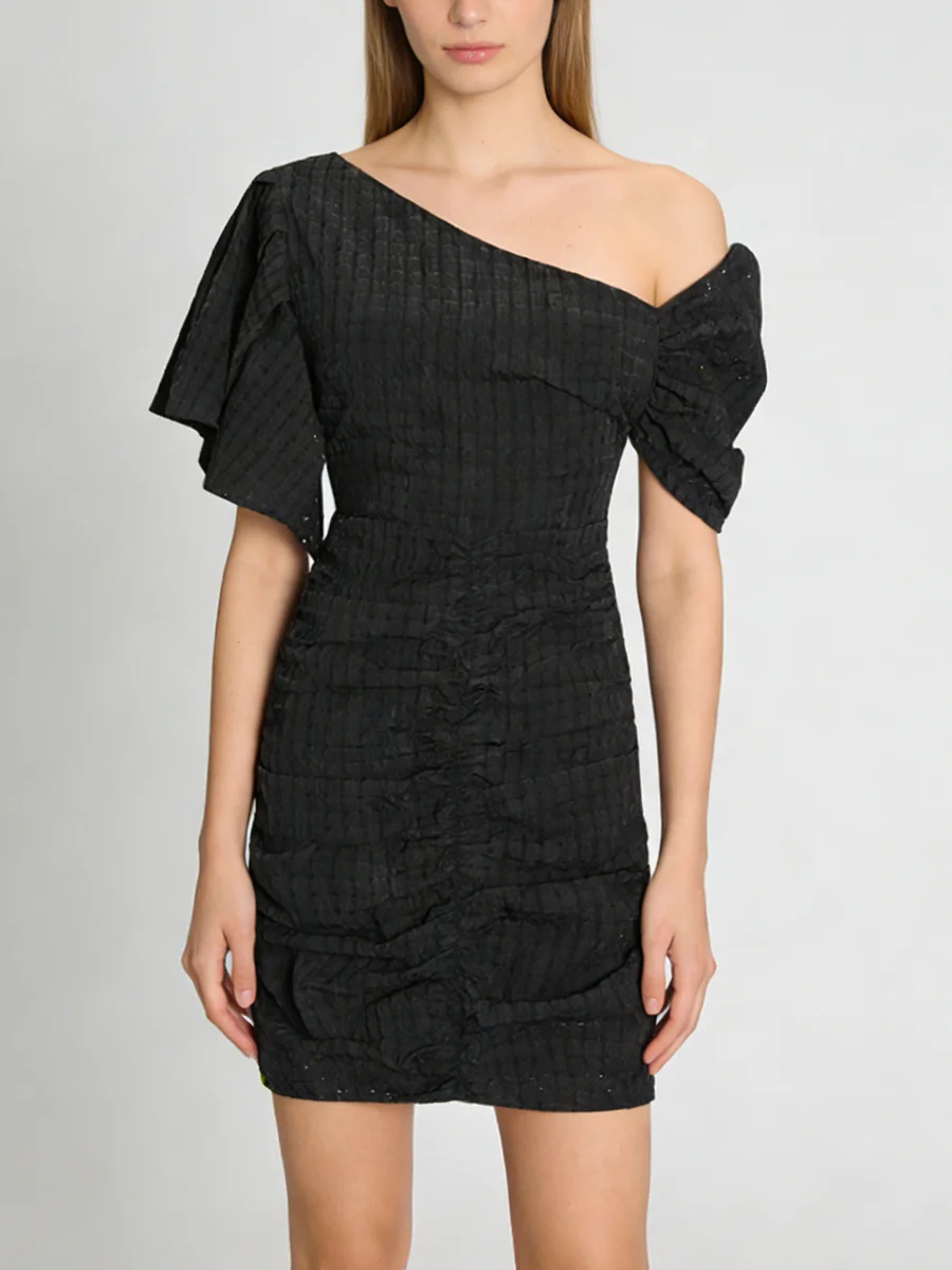 TWOTWINSTYLE Fashion Spliced Plaid Irregular Dresses for Women Diagonal Collar Short Sleeves Patchwork Shirring Dress Female New