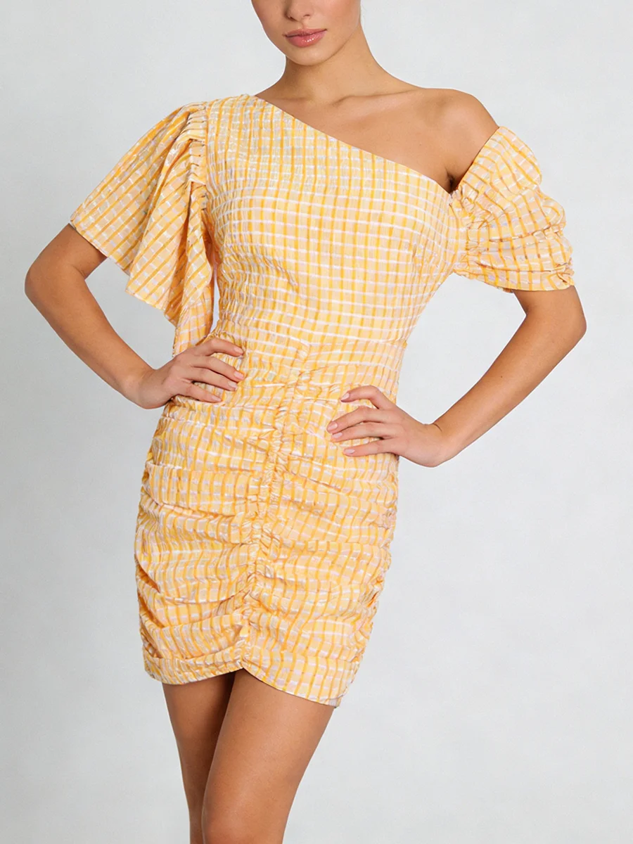 TWOTWINSTYLE Fashion Spliced Plaid Irregular Dresses for Women Diagonal Collar Short Sleeves Patchwork Shirring Dress Female New