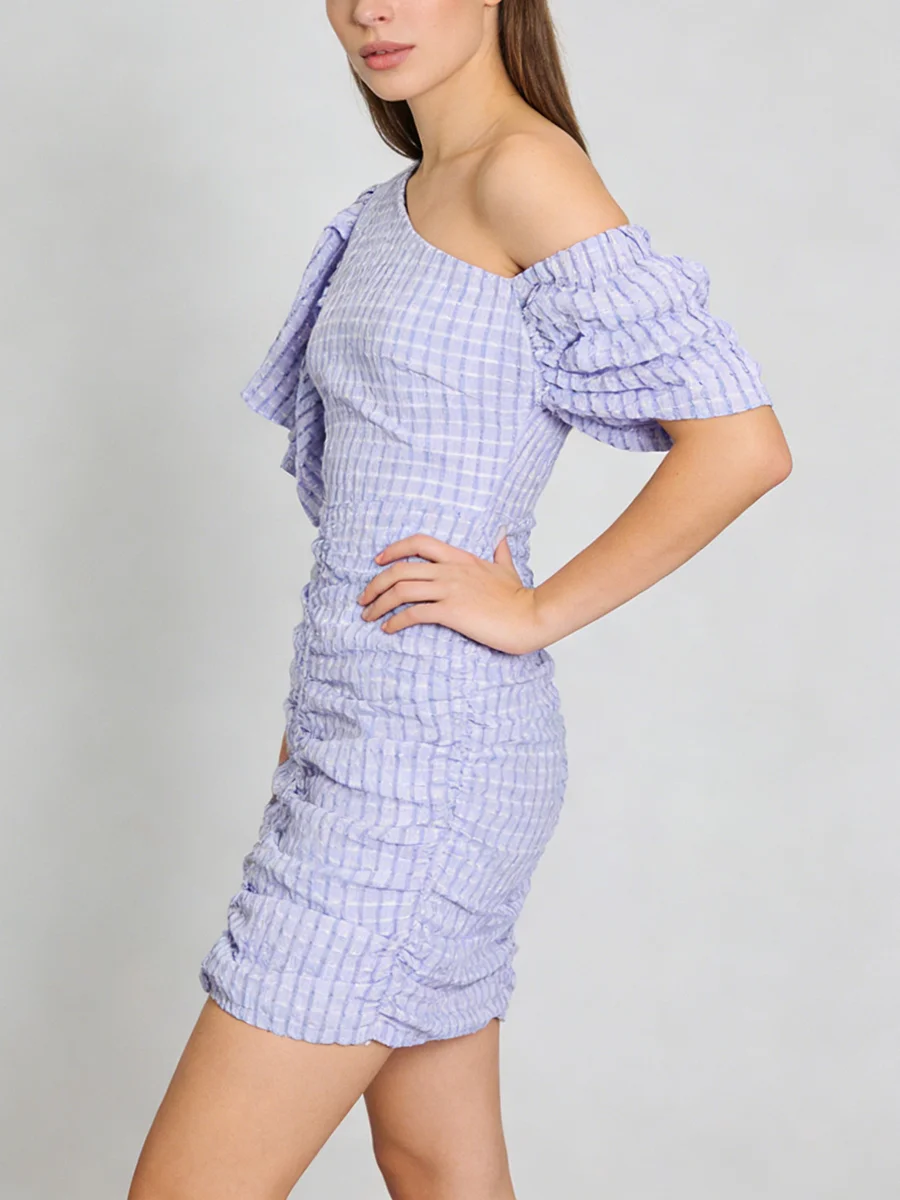 TWOTWINSTYLE Fashion Spliced Plaid Irregular Dresses for Women Diagonal Collar Short Sleeves Patchwork Shirring Dress Female New