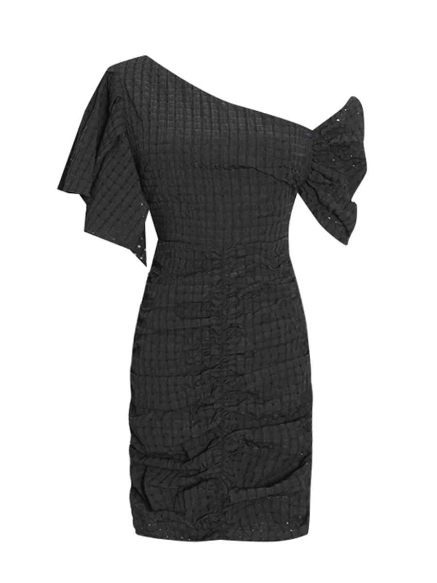 TWOTWINSTYLE Fashion Spliced Plaid Irregular Dresses for Women Diagonal Collar Short Sleeves Patchwork Shirring Dress Female New