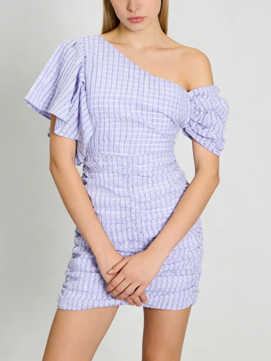 TWOTWINSTYLE Fashion Spliced Plaid Irregular Dresses for Women Diagonal Collar Short Sleeves Patchwork Shirring Dress Female New