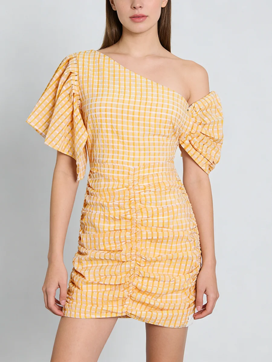 TWOTWINSTYLE Fashion Spliced Plaid Irregular Dresses for Women Diagonal Collar Short Sleeves Patchwork Shirring Dress Female New