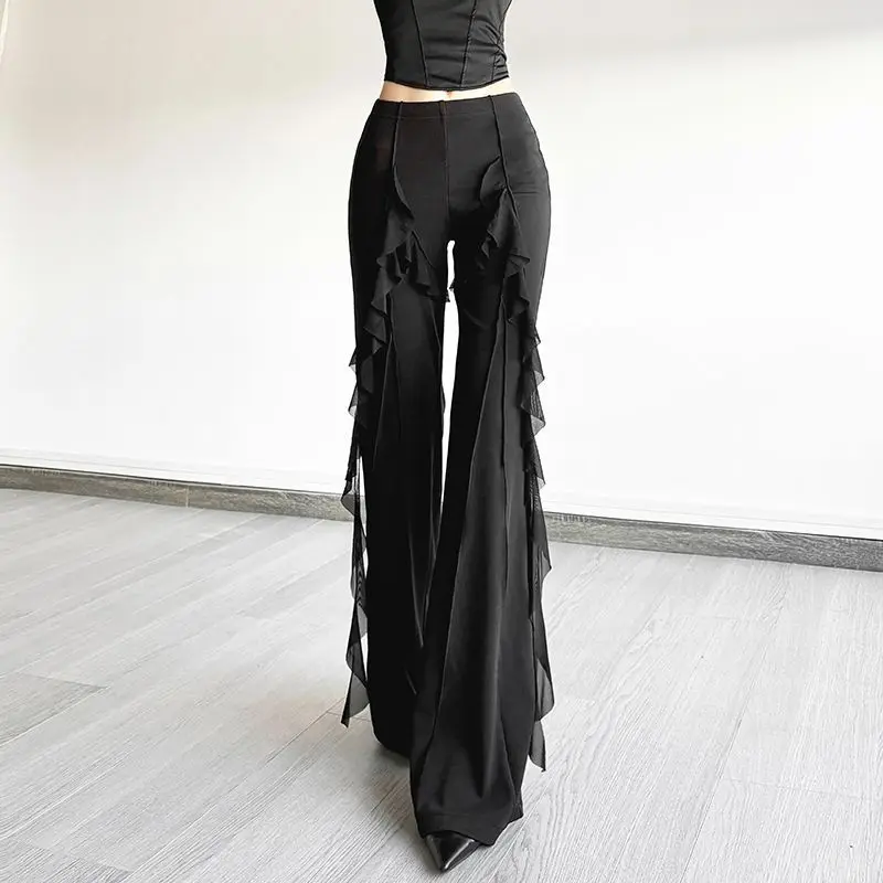 Retro Style Ruffle Leaf Edge Splicing High Waist Micro-pull Pants Women's Design Sense Slim and Thin Trousers Tide