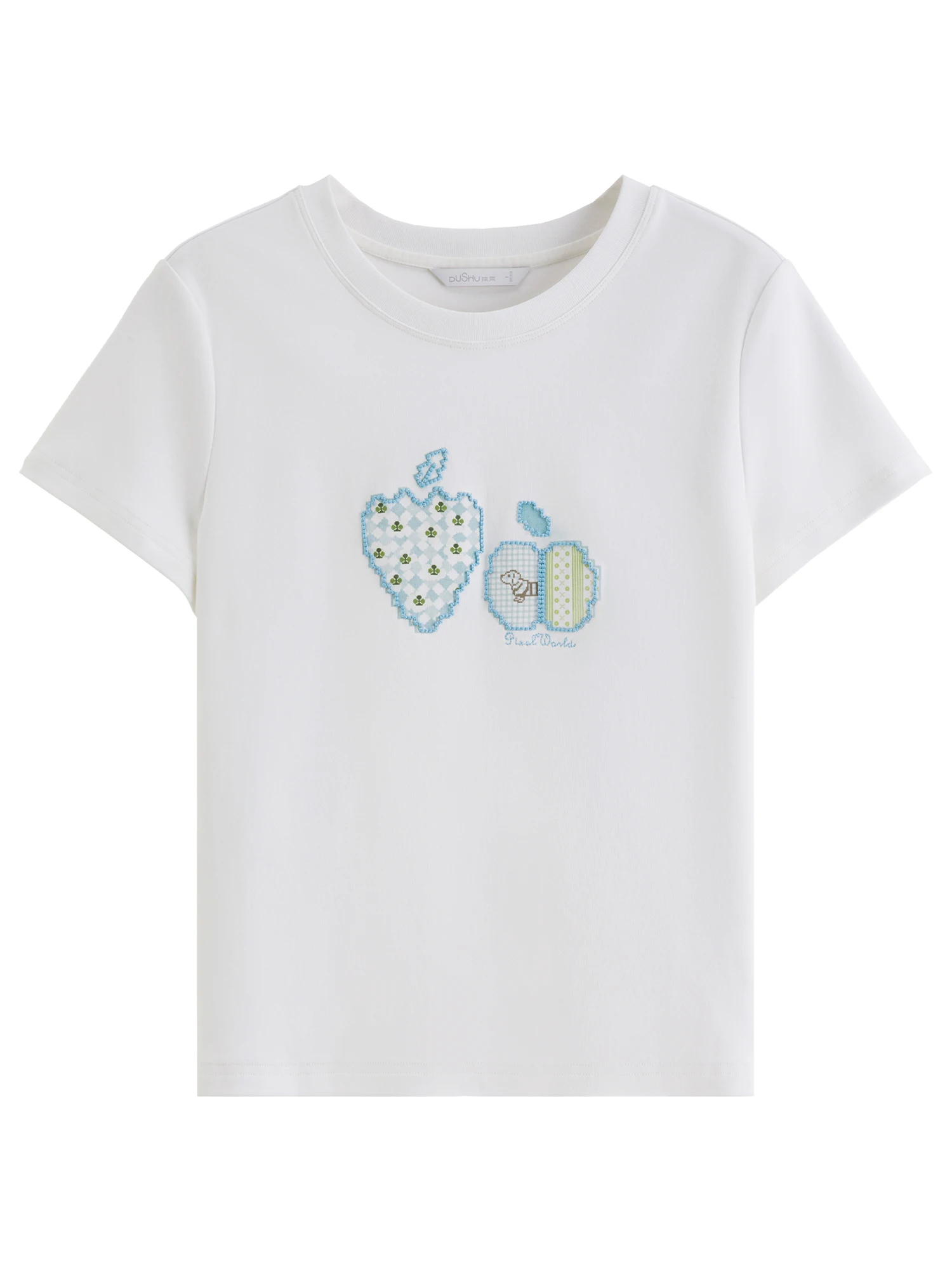 DUSHU 2026 New Summer Floral Embroidered T-Shirt Women Slim Fit Versatile Size Minimalist Tee Casual Short Sleeve Chic Top